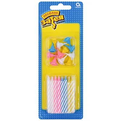 ВЕСЕЛАЯ ЗАТЕЯ набор свечей д/торта с подставкой 6см 24шт 1502-0181