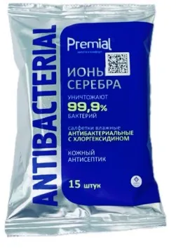 PREMIAL салфетки влажные антибактериальные серебряная защита 15шт 01-00001556