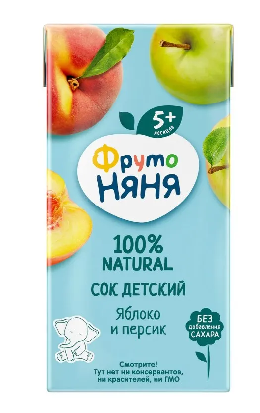 Дет пит Фрутоняня Сок яблоко-персик б/сахара 200мл т/п; 18