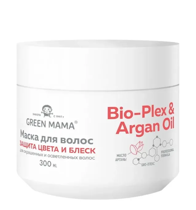GREEN MAMA маска д/окрашенных и осветленных волос защита цвета и блеск bio-plex&argan oil 300мл