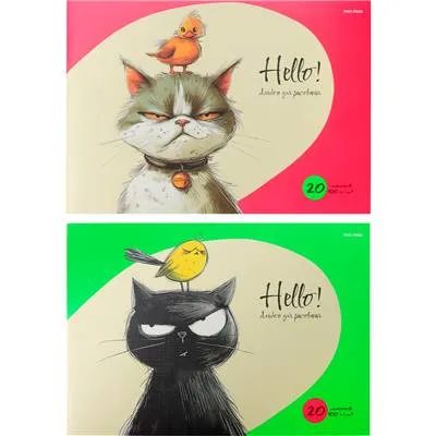 Альбом д/рисования А4 20л котики с птичками скрепка 20-8576