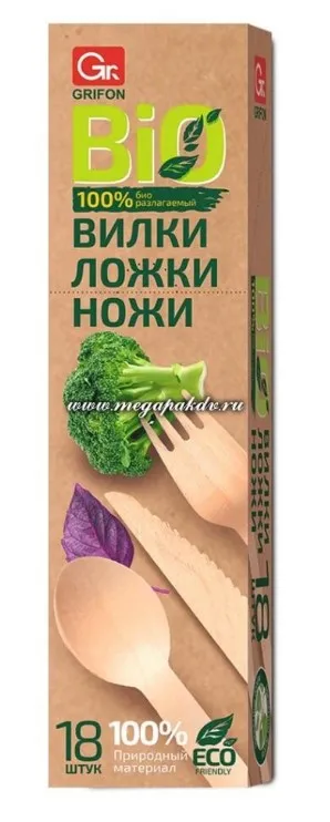 GRIFON набор посуды деревянной одноразовой 18 предметов 105-315