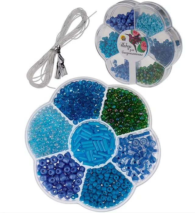 Набор д/бисероплетения 7 видов бисера цв.синий БИС-8380