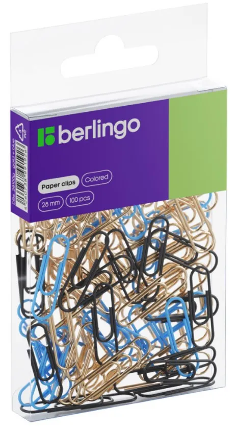 BERLINGO скрепки цветные голубой/золотой 2,8см 100шт
