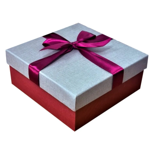 Коробка подарочная с бантом тиснение рогожка серый-бордовый квадрат 17*17*7см Д10103К.192.3