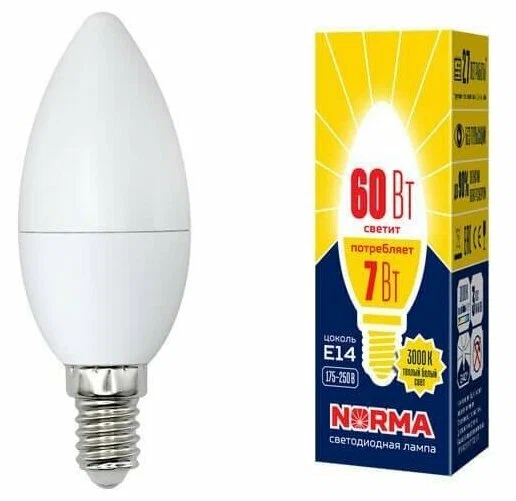 VOLPE лампа светодиодная norma LED-C37-7W/WW/E14/FR/NR
