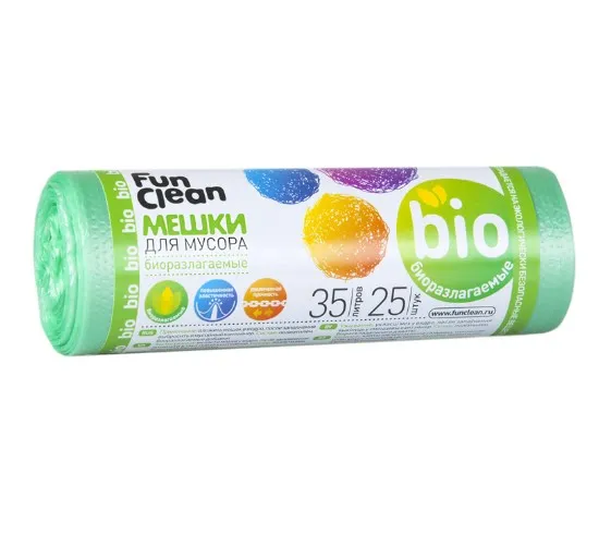 Пакеты д/мусора 35л 25ш FUN CLEAN особо прочные биоразлагаемые зеленые