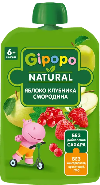 GIPOPO пюре детское фруктовое яблоко клубника красная смородина 90г пауч/12
