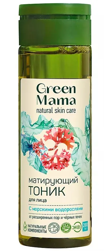 GREEN MAMA тоник д/лица матирующий от расширенных пор и черных точек с водорослями 200мл
