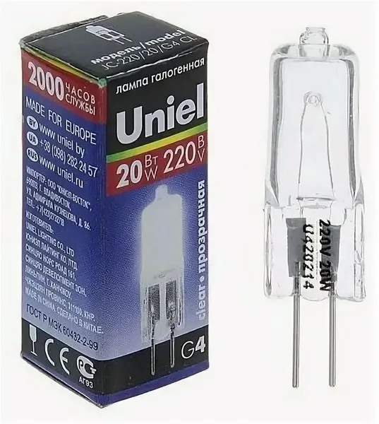 UNIEL лампа галогеновая JC-12/20/G4 20Вт, G4, прозрачная колба картон