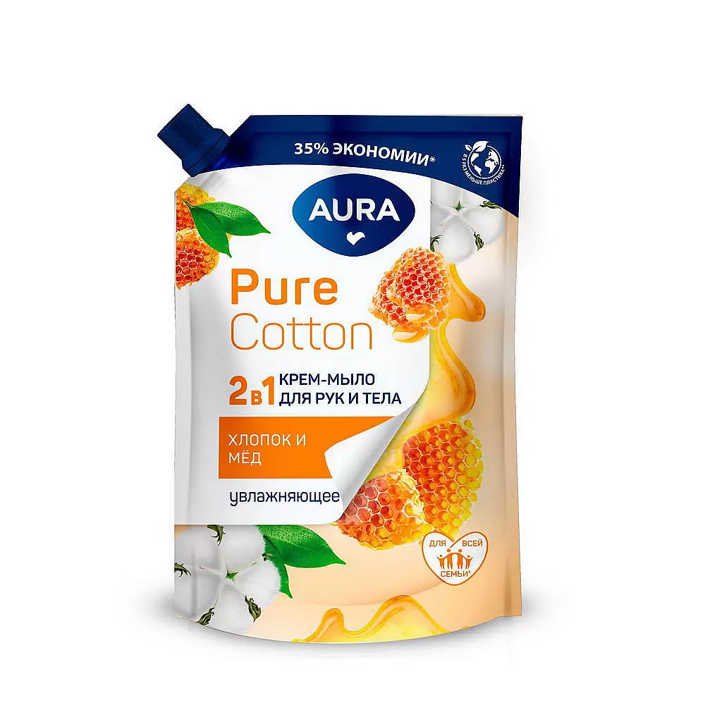AURA Pure cotton крем-мыло 2в1 хлопок и мед мяг.уп. 450мл