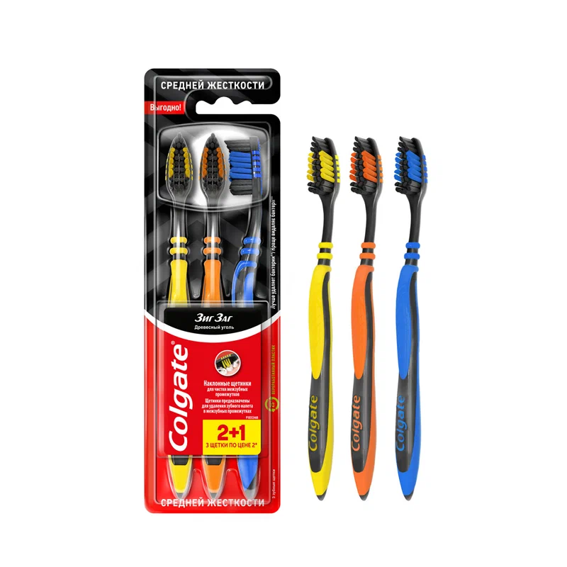 COLGATE щетка зубная зигзаг плюс древесный уголь средняя 3шт