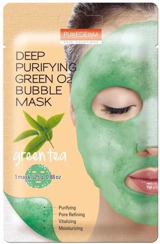 PUREDERM маска д/лица пузырьковая кислородная зеленый чай 20г