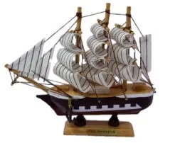 Корабль сувенирный малый фараон борты черные каюты 3 мачты белые паруса в полоску 444331
