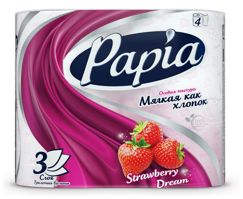 PAPIA бумага туалетная клубничная мечта с рисунком 3сл. 4рулона