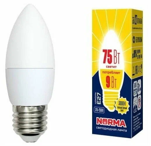 VOLPE лампа светодиодная свеча матовая теплый белый свет 3000K LED-C37-9W/WW/E27/FR/NR