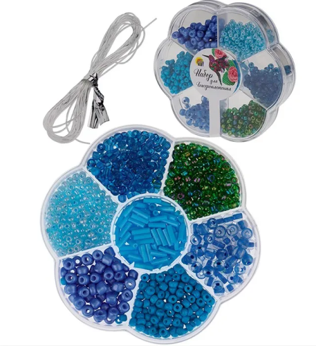 Набор д/бисероплетения 7 видов бисера цв.синий БИС-8380