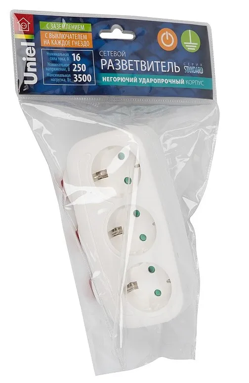 UNIEL разветвитель сетевой с выключателем с заземлением 16А 3гн.S-GES3-16OB