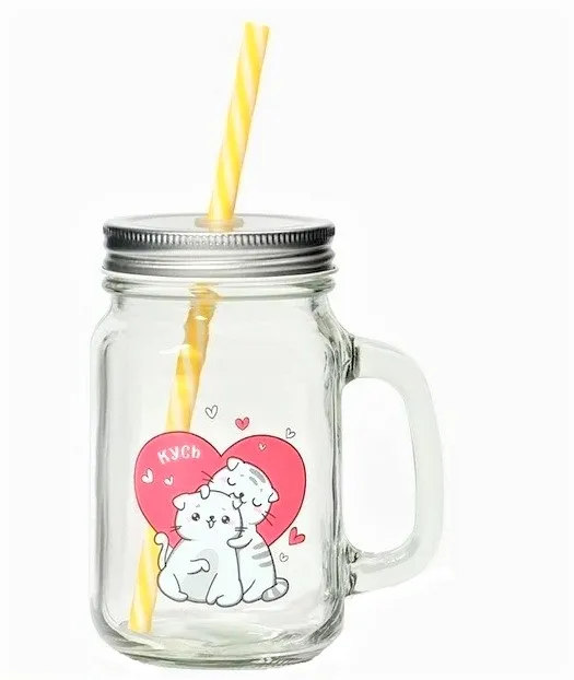 Банка с ручкой крышкой и трубочкой котик 450мл 10*7,5*13см 5299820