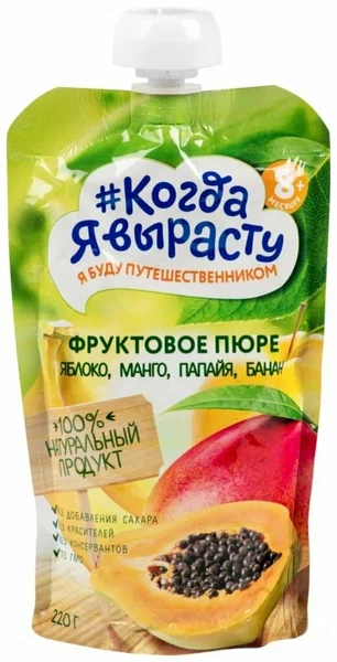 Дет пит Когда я вырасту Пюре яблочно-манговое с бананом и папайей с 8мес 220г дой-пак; 6