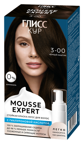 Краска-мусс для волос Глисс Кур Mousse Expert, тон: 3-00 чёрный каштан, 85 мл