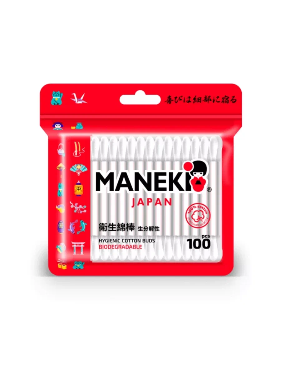 MANEKI палочки ватные с бумажным стиком п/э 100шт CB911H