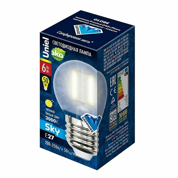 UNIEL лампа светодиодная sky шар LED-G45-6W/WW/E27/FR PLS02WH матовая_