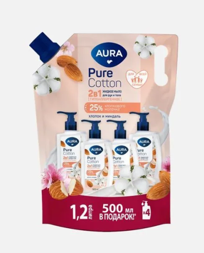 AURA Pure Cotton мыло жидкое д/рук и тела 2в1 миндаль и хлопковое молочко дой-пак 1200мл