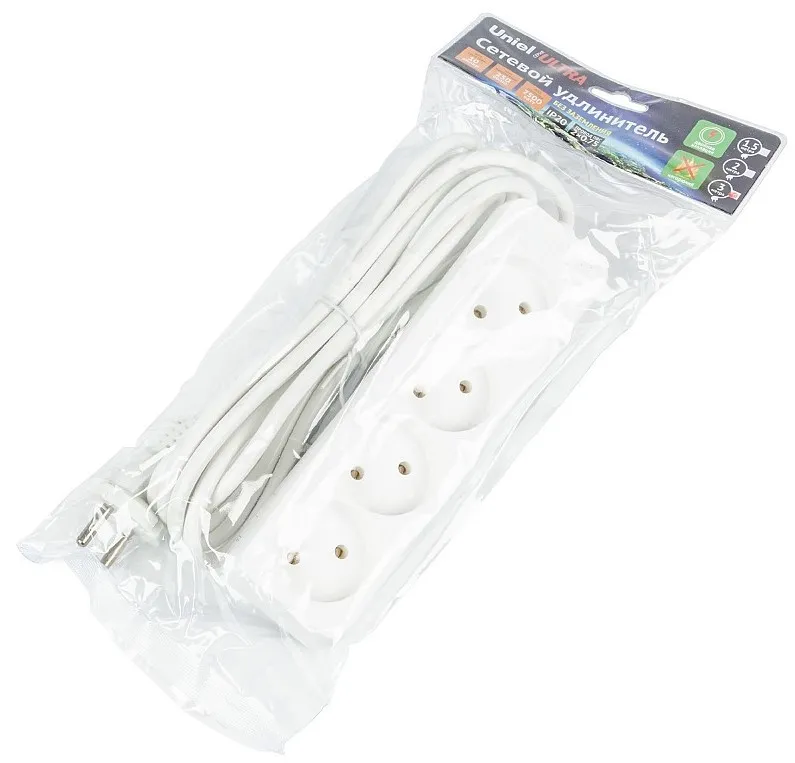 UNIEL удлинитель без заземления 10А 4гн. 3м S-CU4-3 WHITE
