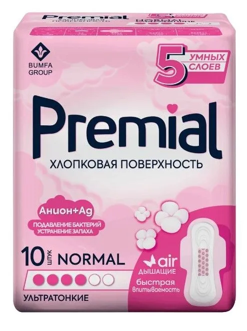 PREMIAL прокладки normal wings хлопковая поверхность 10шт