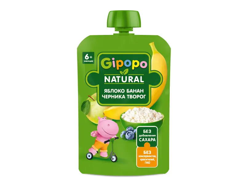 GIPOPO пюре детское фруктовое яблоко банан черника творог 90г пауч/12