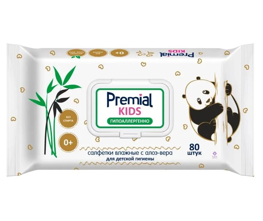PREMIAL салфетки влажные д/детей с алое-вера с крышкой 80шт