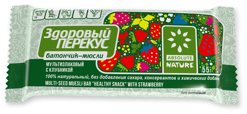 Батончик мюсли Здоровый перекус с клубникой 55г/20