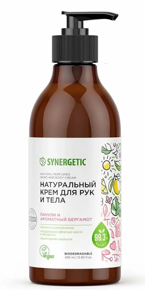 SYNERGETIC крем д/рук и тела натуральный  пачули и ароматный бергамот 380мл