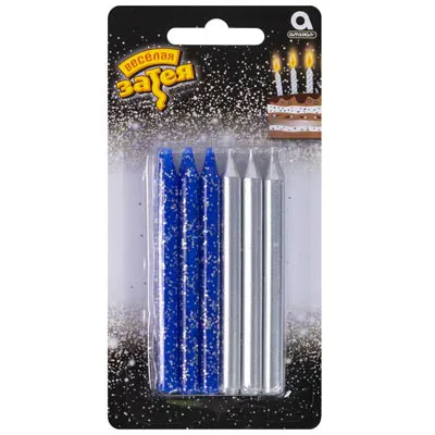 ВЕСЕЛАЯ ЗАТЕЯ свечи д/торта серебро/синий блеск 8см 12шт 1502-4668