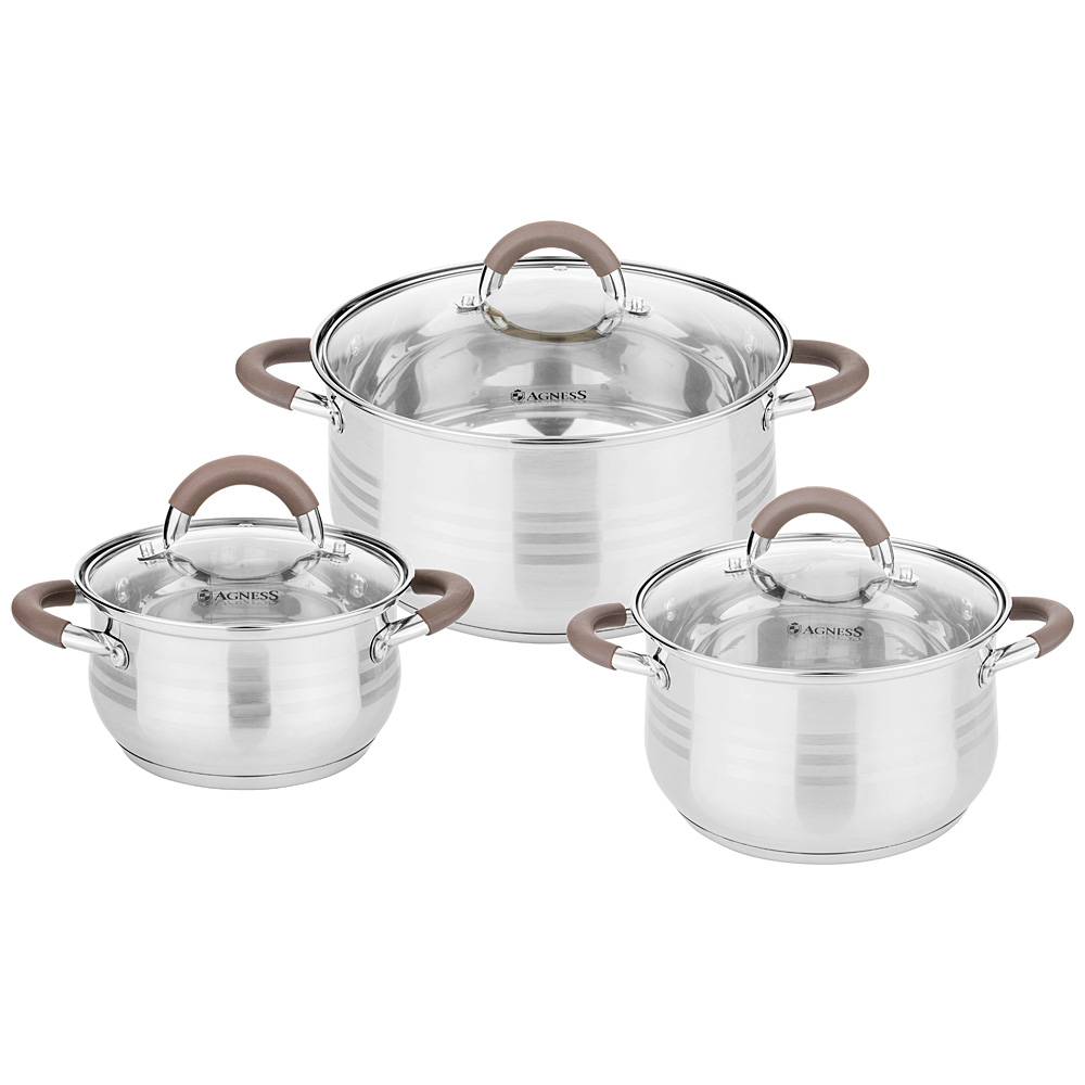 AGNESS набор кастрюль со стеклянными крышками 6пр. 1,7/3,5/6,5л 937-506
