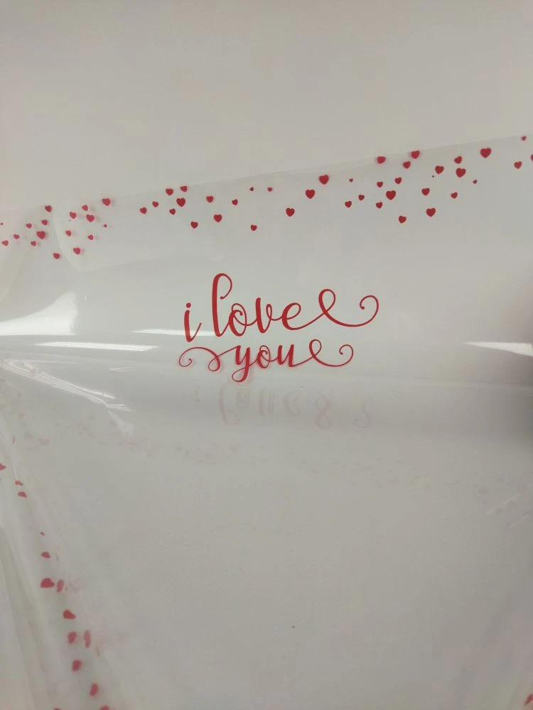 Пленка прозрачная сердечки красная надпись 60*60см 5330578/20