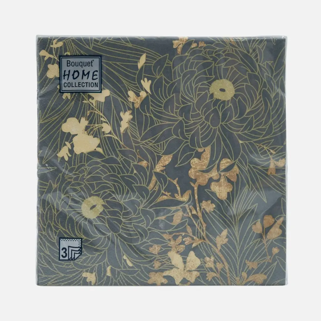 BOUQUET Home сollection салфетки столовые золотые цветы gray 3сл. 33*33см 20л