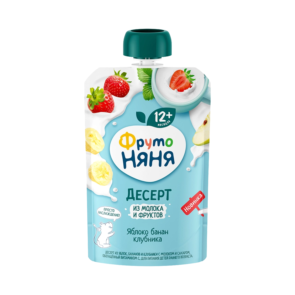 Дет пит Фрутоняня Десерт яблочно-банановый с клубникой с 7 мес 90г дой-пак; 12