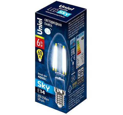 UNIEL лампа светодиодная sky свеча LED-C35-6W/WW/E14/CL PLS02WH картон