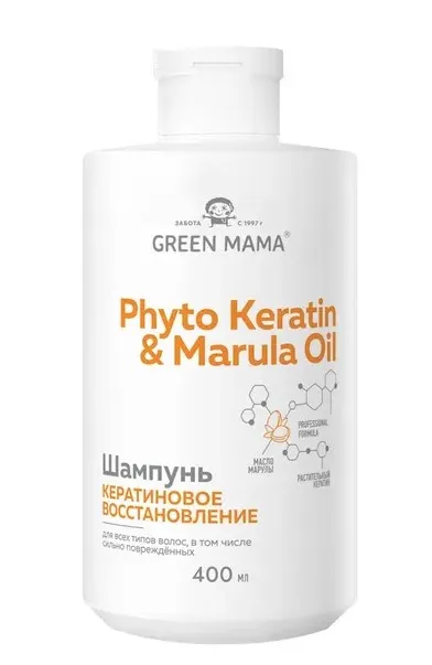 GREEN MAMA шампунь д/всех типов волос кератиновое восстановление phyto keratin&marula oil 400мл