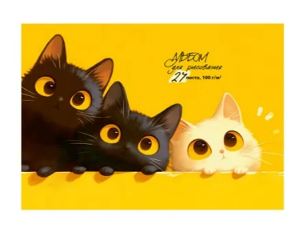 Альбом д/рисования А4 24л черные и белые котики дизайн в коробке 24-2186