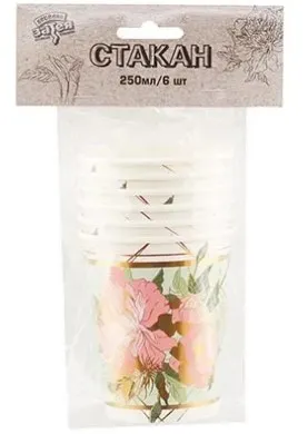 ВЕСЕЛАЯ ЗАТЕЯ набор стаканов бумажных пионы 250мл 6шт 1502-4511