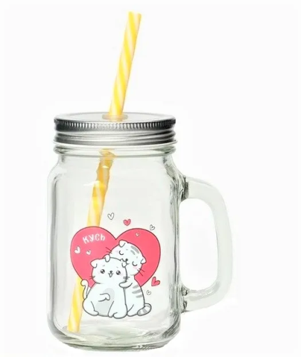 Банка с ручкой крышкой и трубочкой котик 450мл 10*7,5*13см 5299820