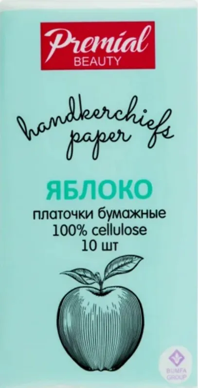PREMIAL платочки бумажные белые зеленое яблоко, клубника, лимон 3сл. 10шт