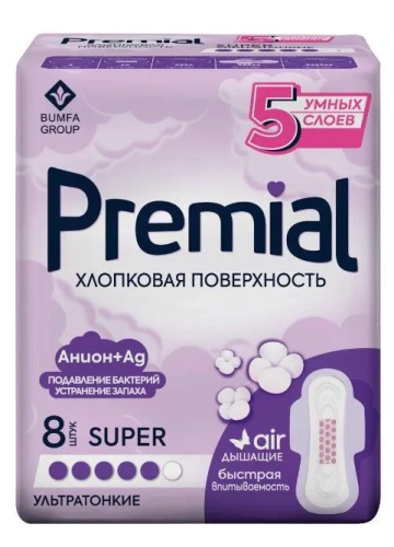 PREMIAL прокладки super wink хлопковая поверхность 8шт                                             
