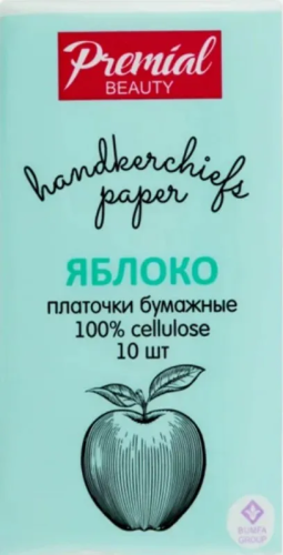 PREMIAL платочки бумажные белые зеленое яблоко, клубника, лимон 3сл. 10шт