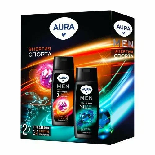 AURA MEN набор подарочный: гель д/душа энергия спорта 250мл+шампунь д/волос укрепляющий 250мл
