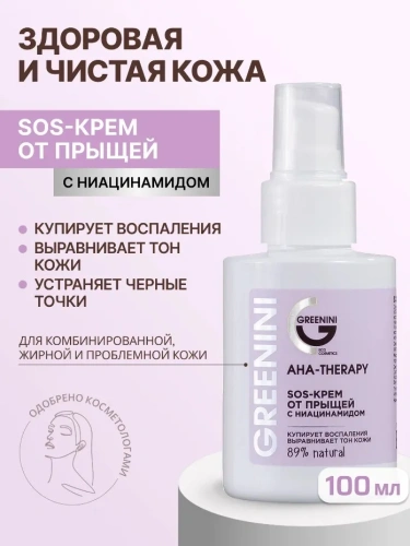 GREENINI sos-крем от прыщей с ниацинамидом aha-therapy 100мл