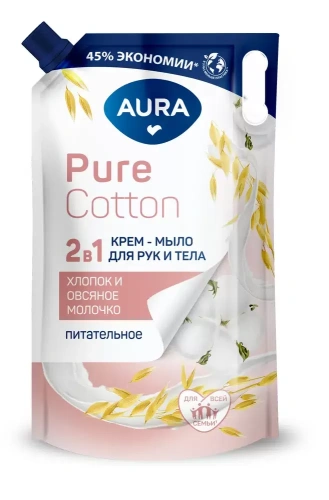 AURA Pure сotton крем-мыло 2в1 хлопок и овсяное молочко мяг.уп. 850мл